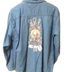 Vintage Womens Sz M Blue Chambray Embroidered Garden Party Shirt 100% Cotton